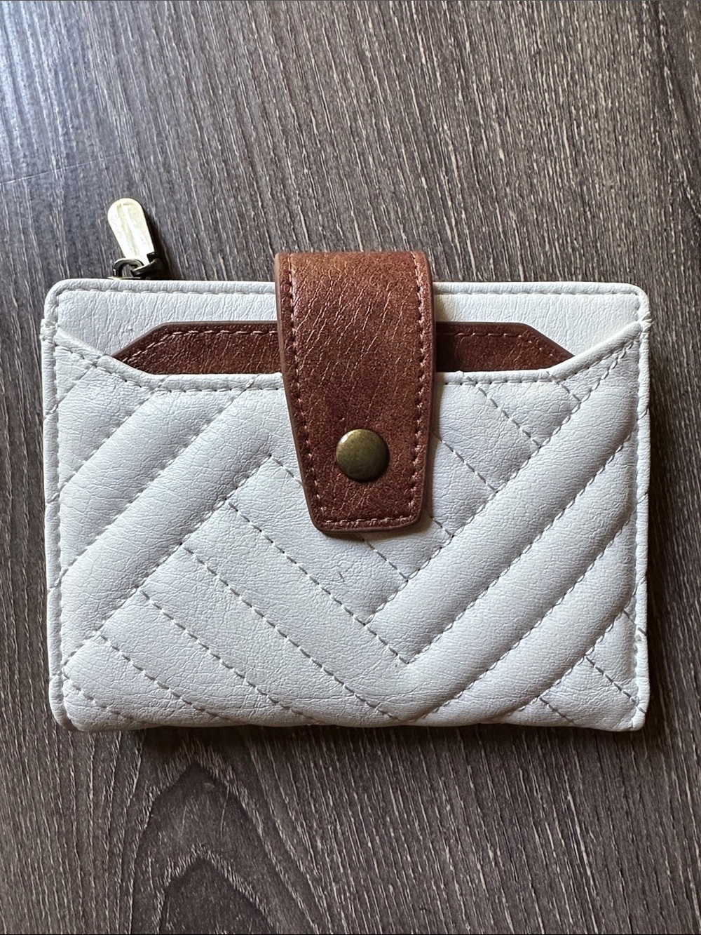 Quilted White Card Wallet with Brown Snap Tab